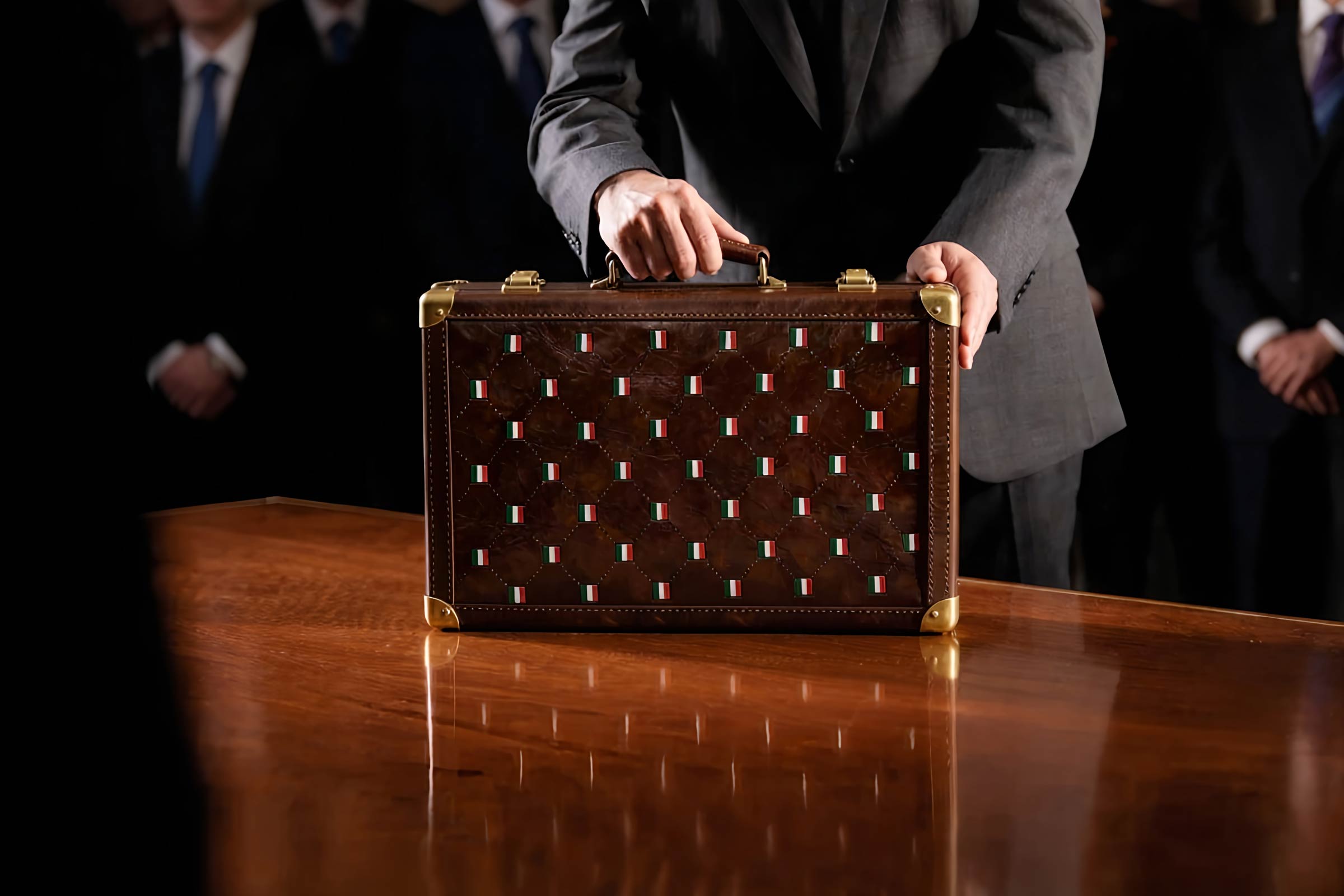 Leather briefcase with Italian flag all-over pattern placed on a table during a ceremonial handover, surrounded by suited figures.
