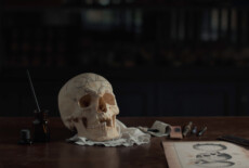 Artificial skull with phrenological drawings on a table next to drawing equipment.