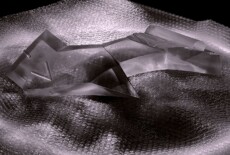 Fragile Power / Relics, 2026. Installation at the final Co.Co.War exhibition, Castello del Valentino, Turin. Pieces of thick broken glass on a backlit bubble wrap surface.