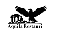 Logo of Aquila Restauri – the conservation architectural company in charge of the reconstruction project in Fragile Power. Black and white logo with an eagle spreading wings and an archeological ruin and the text Aquila Restauri.